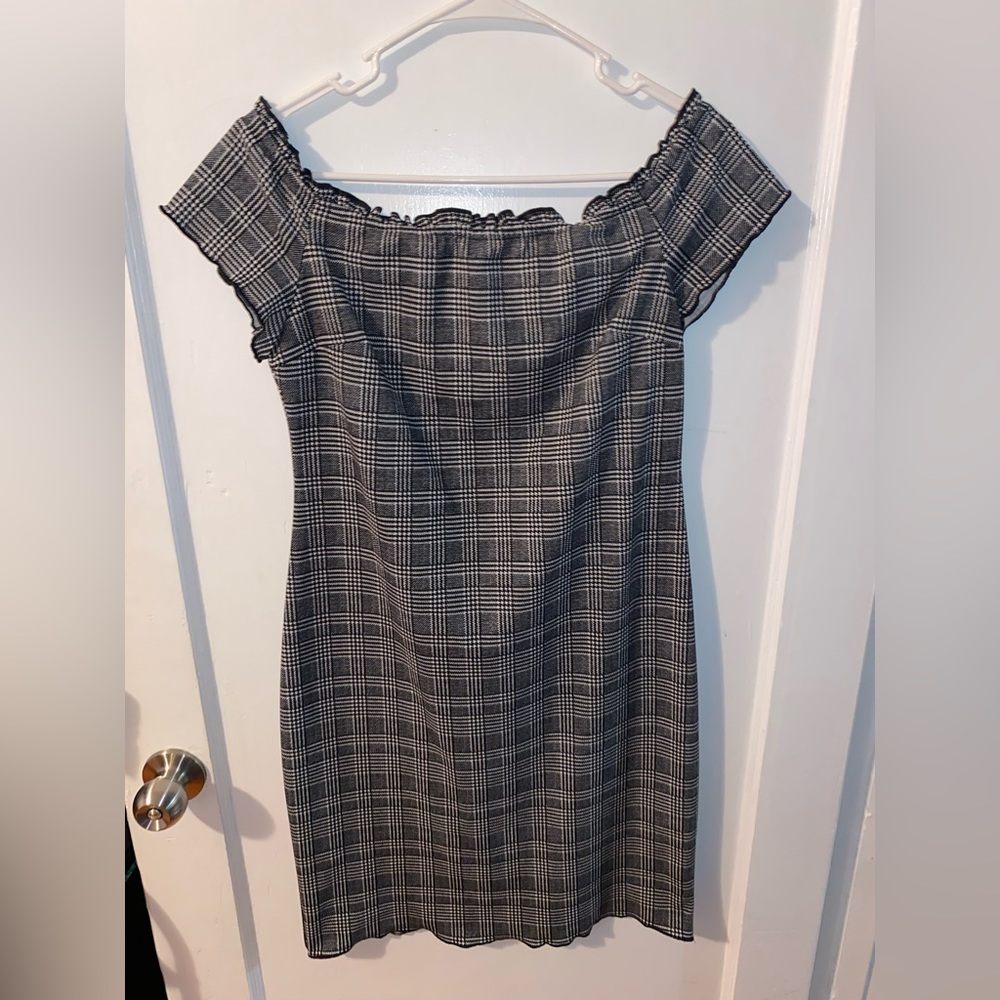 black and white plaid off the shoulder dress